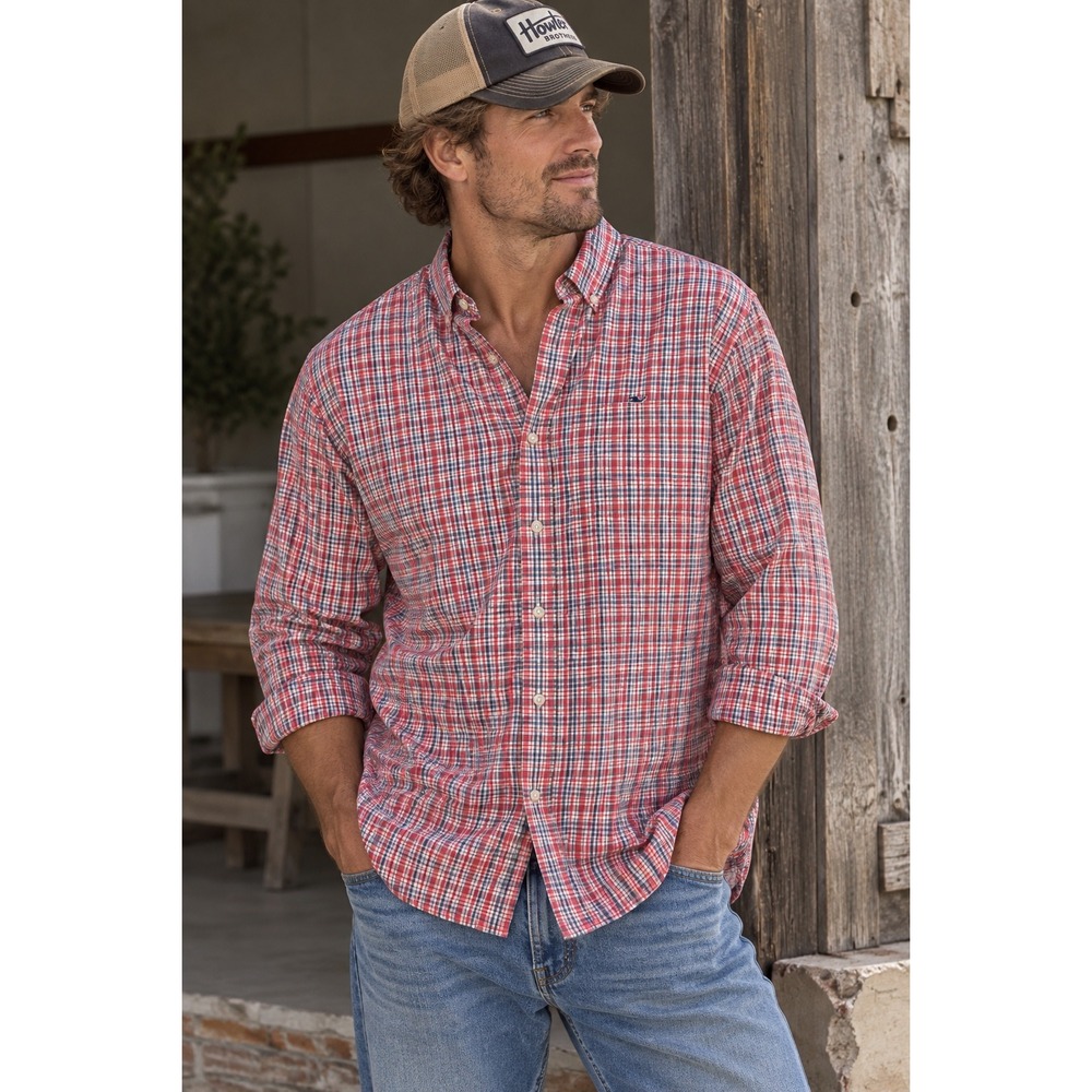 Vineyard Vines Performance Classic Fit Whale Shirt Red Blue Plaid Mens Large